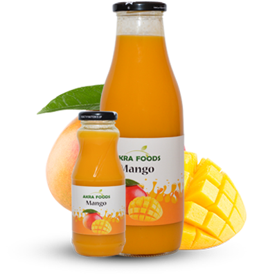Akra Foods mango juice bottles with fresh mango