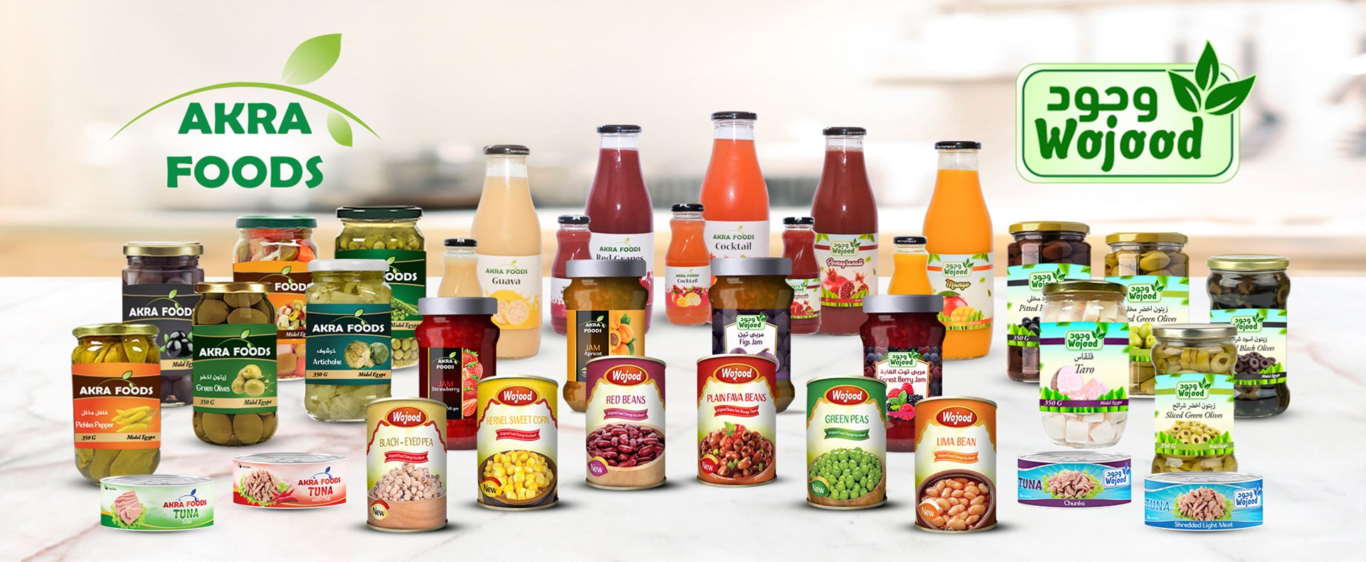 The full Akra Foods and Wojood product range — jars, bottles and cans